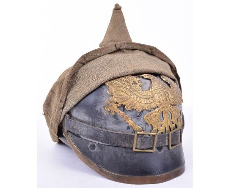 Ersatz Prussian Enlisted Mans Pickelhaube with its Original Trench Cover, an excellent time warp pickelhaube being an ersatz 