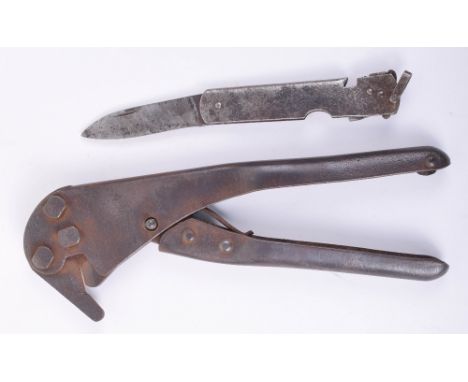 WW1 German Army Small Pattern Trench Wire Cutters, accompanied by a German army issue clasp knife, 6cms folding blade and tin