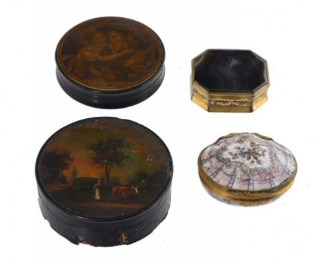 A GERMAN GILTMETAL MOUNTED ENAMEL SNUFF BOX, C1770  with rococo thumbpiece and painted with flowers, 7cm w, an engraved giltm