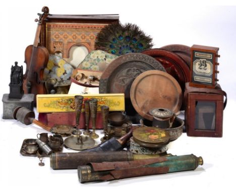 TWO VICTORIAN BRASS REFRACTING TELESCOPES AND MISCELLANEOUS METALWARE  including an early 19th c tobacco box and cover, a Bri