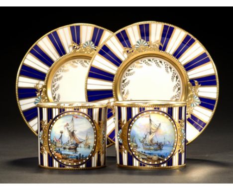 A PAIR OF LYNTON CABINET CUPS AND SAUCERS, LATE 20TH C  the cups painted by S D Nowacki, signed, with a shipping scene, 6cm h