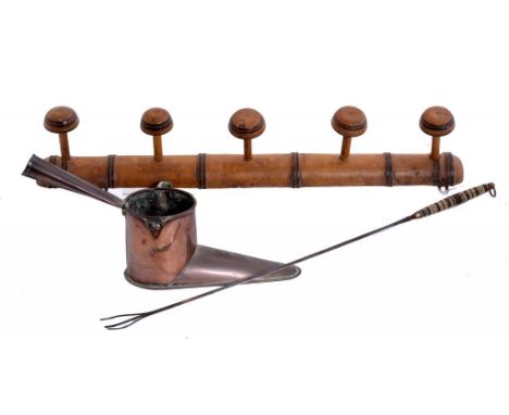 A VICTORIAN PAINTED FAUX BAMBOO HAT RACK, C1900 with five pegs, 70cm l, a steel toasting fork and a Victorian sheet copper bo