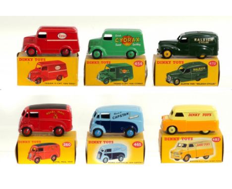 SIX DINKY TOY VANS  comprising Royal Mail 260, Trojan Esso and Cydrax 450 and 454, Morris Capstan 465, Austin Raleigh 472 and