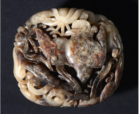 A CHINESE WHITE AND MOTTLED GREY PIERCED AND CARVED JADE PLAQUE OF A GOOSE 7.8 x 8.7cm ++In good condition