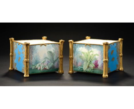 A PAIR OF COPELAND ORANGE TUB  CACHE POTS, C1880  painted to two sides by Hurten, both signed, with luxuriant forest plants, 