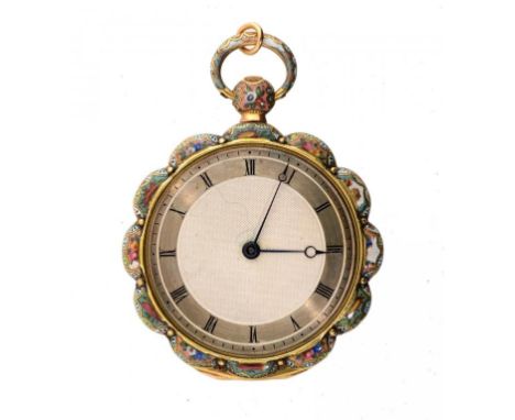 A SWISS SCALLOPED GOLD AND ENAMEL CYLINDER WATCH, JEAN-FRANCOIS BAUTTE ET CIE, C1820  No 44160, case No 3/47547, with finely 