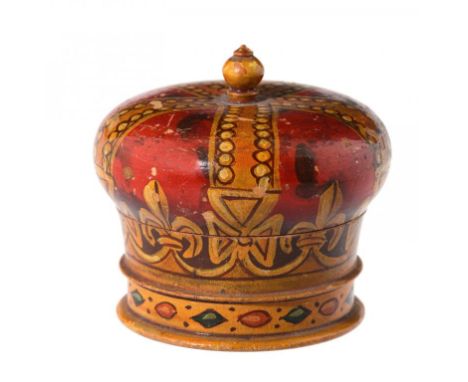 NEEDLEWORK TOOLS.  A BRIGHTON WHITEWOOD COMMEMORATIVE PAINTED CROWN SHAPED PIN CUSHION AND COVER, DATED 1809  5cm h, undersid