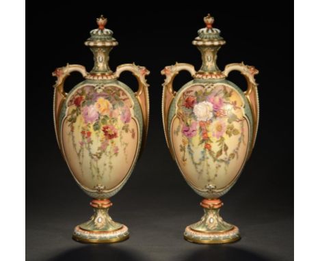 A PAIR OF ROYAL WORCESTER SCALE MOULDED OVIFORM VASES AND COVERS, 1906  painted by W Hale, both signed, with flowers and fest