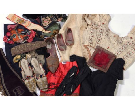 VARIOUS ANTIQUE AND LATER COSTUME AND TEXTILES INCLUDING A GENTLEMAN'S IVORY BROCADE WAISTCOAT INSCRIBED MR FRANCIS HOARD, LA