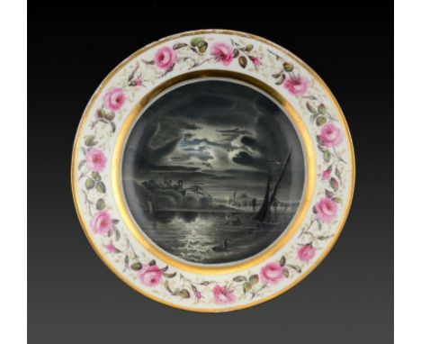 A DOCUMENTARY ENGLISH PORCELAIN PLATE, PROBABLY COALPORT, LONDON DECORATED, DATED 1814 painted by William Silk with a moonlit