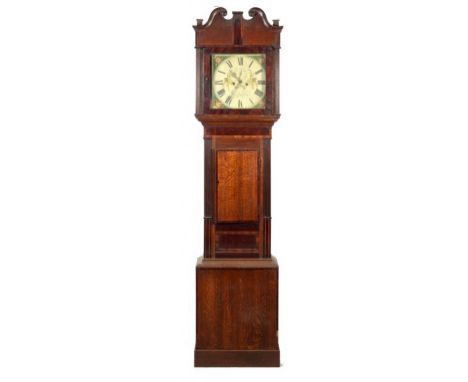  A WELSH VICTORIAN OAK AND CROSSBANDED EIGHT DAY LONGCASE CLOCK BY WILLIAM HUGHES, ANGLESEY, MID 19TH C  the panted dial insc