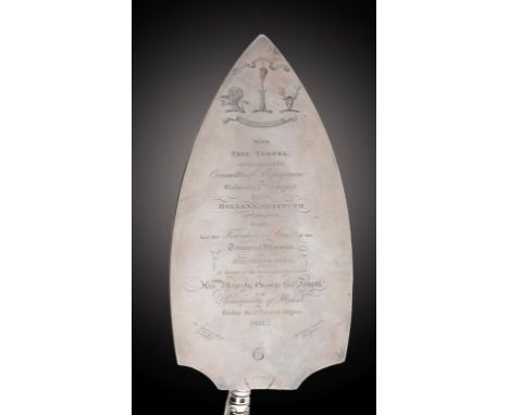 AN IMPORTANT IRISH SILVER CEREMONIAL TROWEL FOR THE LAYING OF THE FOUNDATION STONE OF THE GEORGE IV ARCH AT HOLYHEAD, ANGLESE