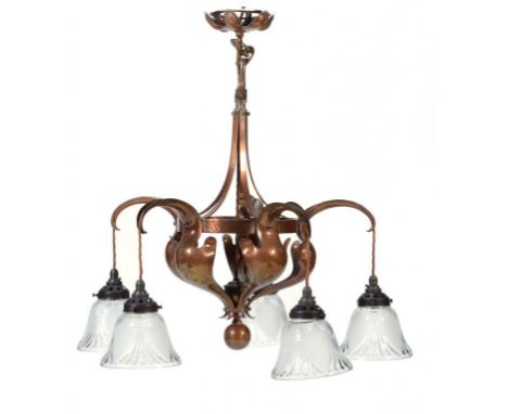 AN ARTS & CRAFTS EARLY ELECTRIC COPPER FIVE LIGHT CHANDELIER, C1910 of organic inspiration, hammer textured with conforming c