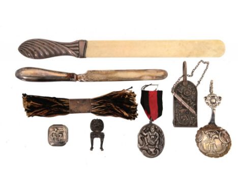 A VICTORIAN SILVER HANDLED PAPER KNIFE  27.5cm l, maker's mark rubbed, Birmingham 1890 and seven various other silver article