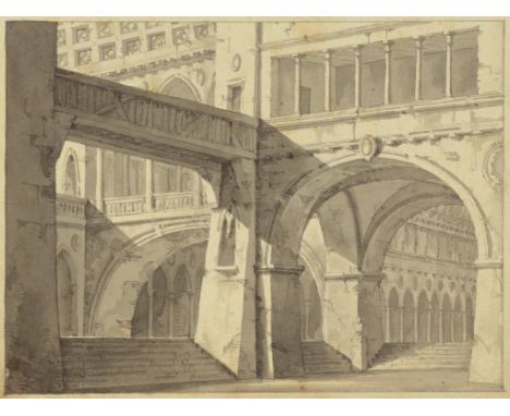 ITALIAN SCHOOL, 18TH CENTURY AN ARCHITECTURAL CAPRICCIO  watercolour, en grisaille, 17 x 23cm and three various other old mas