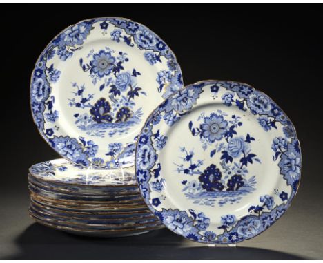 A SET OF TWELVE SPODE BLUE PRINTED NEW STONE STARSHIP PATTERN PLATES, 1822-33 24cm diam, impressed mark, pattern 3702 ++The l