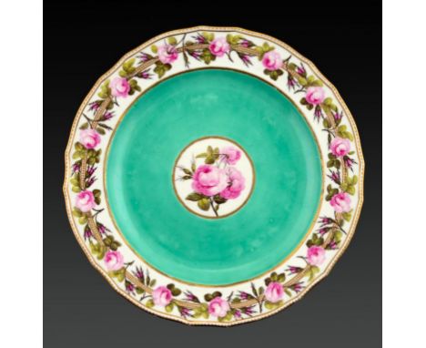 A DERBY PLATE FROM THE CAMDEN SERVICE, C1795 painted probably by William Billingsley with roses, gilt dentil rim, 24.5cm diam