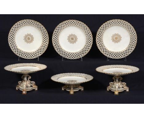 A SET OF SIX STAFFORDSHIRE PIERCED GILT DESSERT STANDS, C1880 in two sizes, 25cm diam ++Two with restuck foot; some with ligh