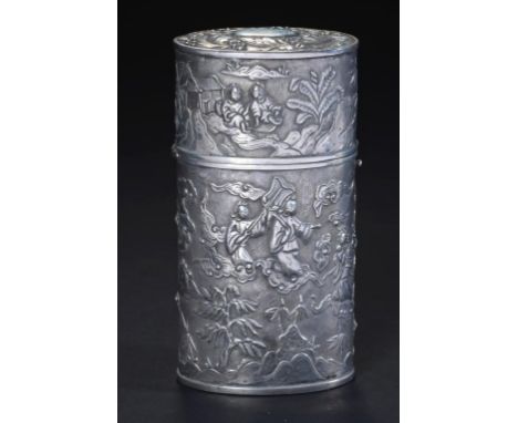 A CHINESE SILVER REPOUSSE CHEROOT CASE, 19TH C of straight sided oval shape, 11cm h, maker KC, 2ozs 5dwts ++In good condition