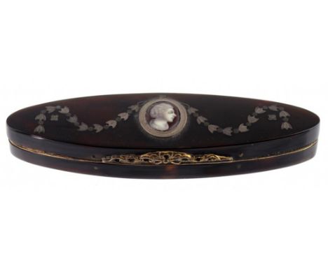 A GEORGE III TORTOISESHELL AND COPPER GILT TOOTHPICK BOX, c1800 the lid inset with an oval enamel medallion and inlaid with s