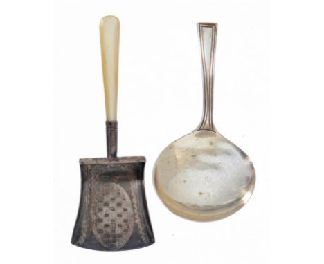 A GEORGE III SILVER CADDY SPOON  8cm l, by Thomas Wallis, London 1791 and a mother of pearl handled silver caddy spoon of sho