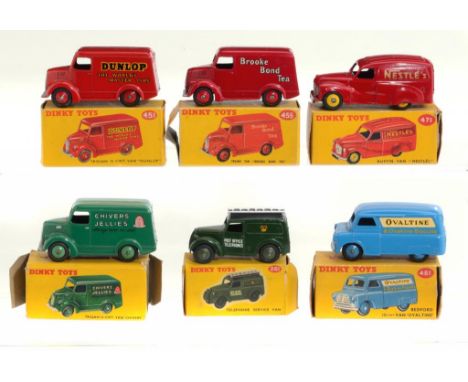 SIX DINKY TOY VANS  comprising Morris Telephone Service 261, Trojan Dunlop, Chivers Jellies and Brooke Bond 451, 452 and 455,