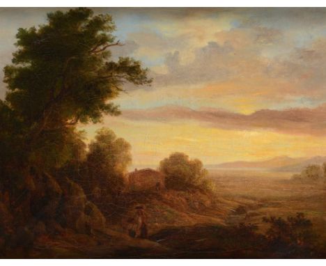 FOLLOWER OF ROBERT FREEBAIRN ITALIANATE LANDSCAPE WITH FIGURES oil  on canvas, 17.5 x 23cm, Italian giltwood frame ++Lined an