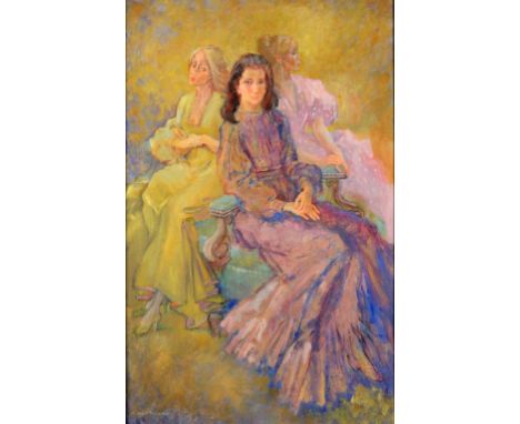 †IRENE WELBURN, ROI, RBSA (1910-2000) TRIPLE PORTRAIT OF THREE YOUNG WOMEN signed, signed again and inscribed verso, oil on h