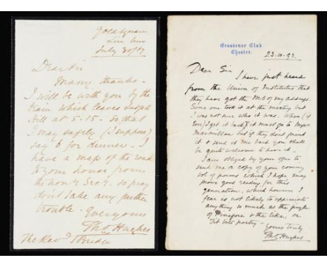 HUGHES (THOMAS)  (1822-1896) TWO AUTOGRAPH LETTERS SIGNED, 1867 & 1893 each one side, Golden Square, Lincolns Inn, July 30 18