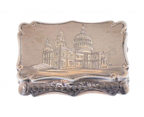 A VICTORIAN SILVER VINAIGRETTE BY NATHANIEL MILLS, the lid engraved with St Paul's cathedral, the sides and underside engine 