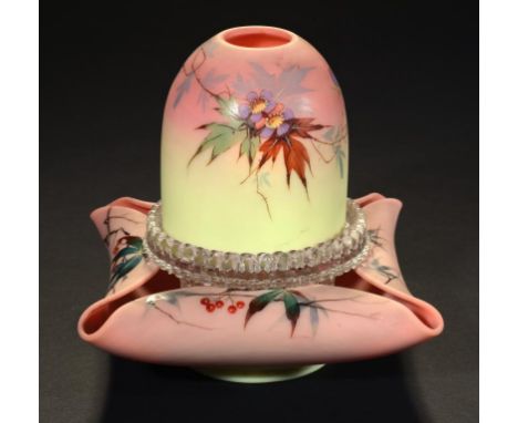 A VICTORIAN BURMESE GLASS FAIRY LAMP, the domed shade and cushion shaped base painted with foliage, with S CLARKE PATENT FAIR