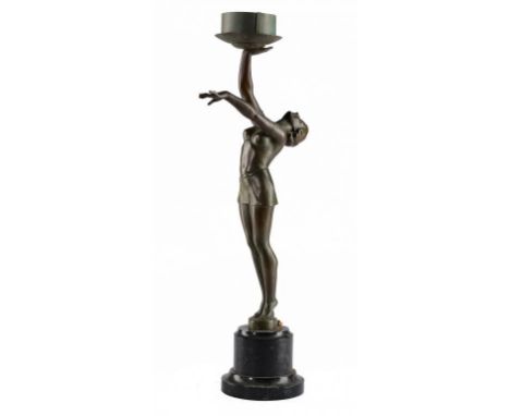 AN ART DECO  PATINATED SPELTER  LAMP IN THE FORM OF A BIKINI DANCER ON TURNED SERPENTINE PEDESTAL, C1930, 55cm h overall ++In