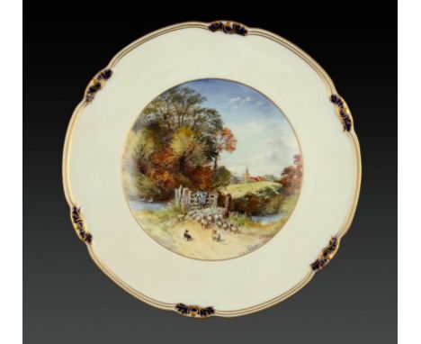 A ROYAL CROWN DERBY PLATE, 1930  painted by W E J Dean, signed, with a shepherd and his flock at a gate, 26cm diam, printed m