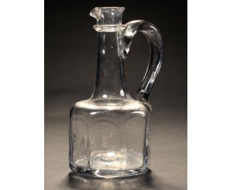 AN ENGLISH GLASS MALLET DECANTER, C1740  of octagonal shape with pinched lip, sharp pontil scar, 18.5cm h ++In fine condition