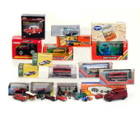 A GROUP OF DIE CAST TOYS  including a Mettoy Van in maroon livery and a Britains plastic 1:32 scale tractor, mostly boxed (20