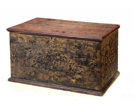 A BURMESE GILT AND COMPOSITION DECORATED TEAK CHEST, 18TH/19TH C  decorated to the front and both sides with scenes, the pane