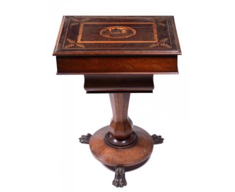 IRISH FURNITURE.  A VICTORIAN ARBUTUS WOOD, KILLARNEY MARQUETRY AND PENWORK WORK TABLE, C1870 the lid decorated with Muckross