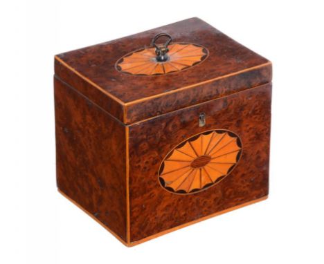A GEORGE III BURR YEW WOOD AND INLAID TEA CADDY, C1800  12.5cm w ++A good unrestored example with original brass handle, hing