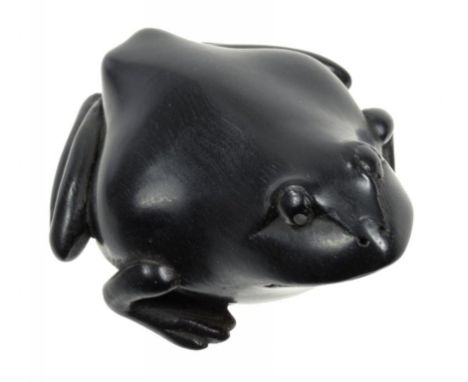 A JAPANESE EBONY NETSUKE OF A FROG, SIGNED HIDARI ISSAN, IWASHIRO, EDO PERIOD, 1781-1800 5.4cm l For similarly signed netsuke