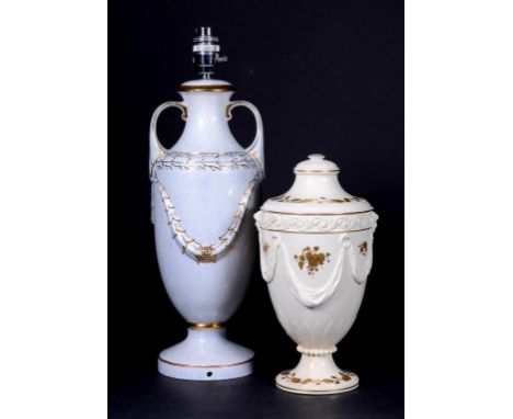 A WEDGWOOD QUEEN'S WARE VASE AND COVER AND A WEDGWOOD CREAMWARE VASE SHAPED LAMP COVERED IN A MOONLIGHT LUSTRE GLAZE, EARLY A