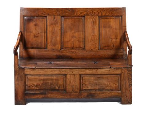 A GEORGE III OAK SETTLE, C1780  with raised and fielded panels, box seat, 100cm h, 137cm w ++Minor old damage and repairs at 