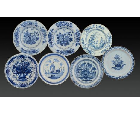 TWO ENGLISH DELFTWARE SOUP PLATES, THREE ENGLISH DELFTWARE CHINOISERIE OR OTHER PLATES AND TWO DUTCH DELFTWARE PLATES, C1745-