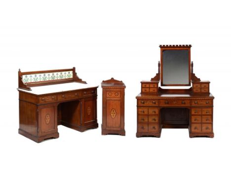 A VICTORIAN GEOMETRIC INLAID MAHOGANY BEDROOM SUITE, C1870 comprising dressing table with mirror, marble topped washstand, th