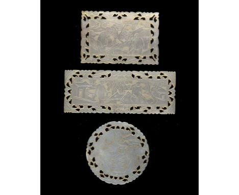 A SET OF ONE HUNDRED AND TWENTY TWO CHINESE EXPORT MOTHER OF PEARL GAMING COUNTERS, 19TH C  engraved with scenes in pierced b