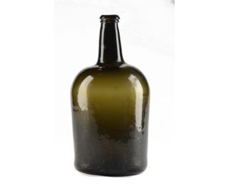 AN ENGLISH CYLINDRICAL BOTTLE, EARLY 19TH C of black glass, sand pontil scar, 34cm h ++A few light scratches but in good cond