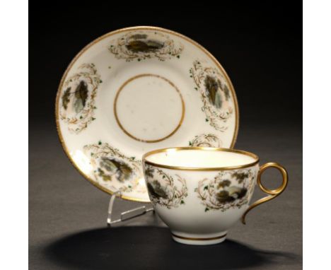A SWANSEA TEACUP AND SAUCER, C1814-17 painted by William Billingsley with vignettes, saucer 13.5cm diam, painted Swansea in r