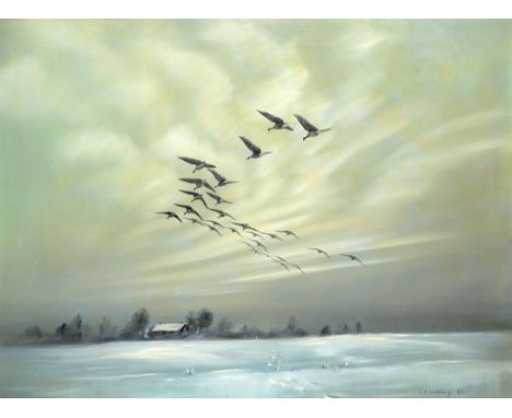 †GEORGE ANTHONY CHATTAWAY (1931-AFTER 2002) MIGRATING GEESE signed and dated 62, oil on canvas, 75 x 100cm  ++In fine conditi