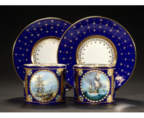 TWO LYNTON CABINET CUPS AND SAUCERS, LATE 20TH C  the cups painted by S D Nowacki, signed, with a shipping scene, 6cm h, gilt