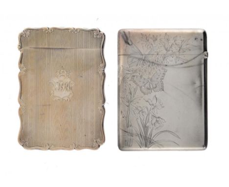 TWO VICTORIAN SILVER CARD CASES one engine turned the other engraved with a butterfly and naturalistic flowers on a frosted g
