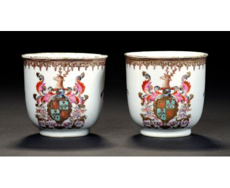 A PAIR OF CHINESE PORCELAIN SCOTTISH ARMORIAL  COFFEE CUPS, C1760  enamelled with the arms of MacDuff of Fife beneath gilt sp